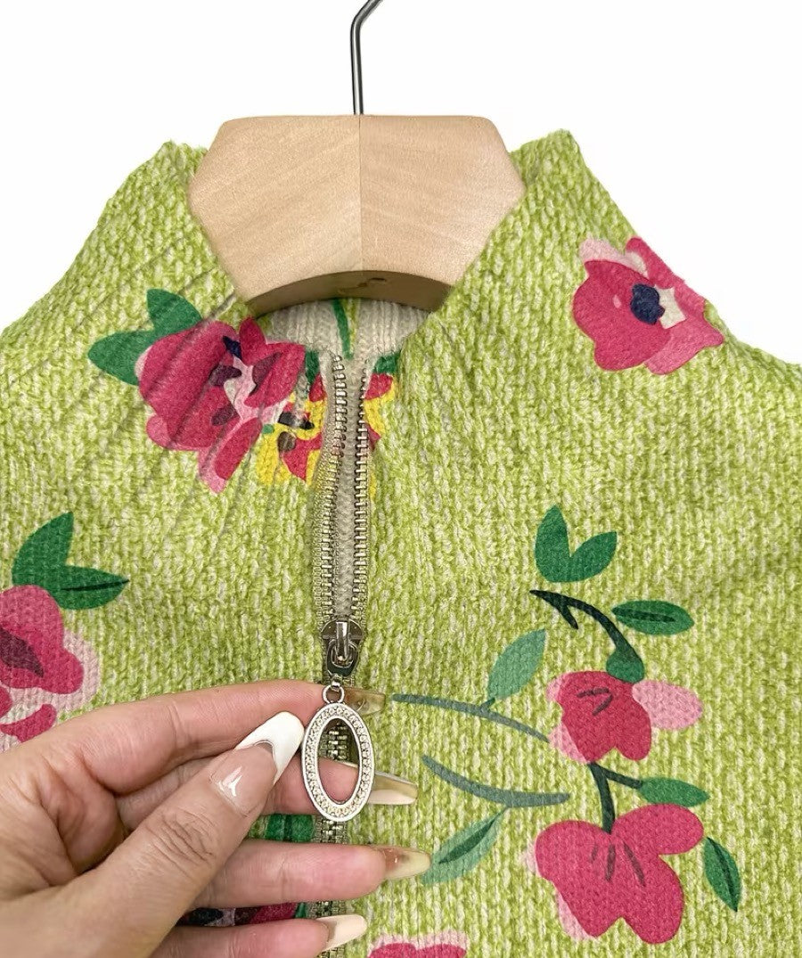 Women's lime green cardigan with small pink blooms