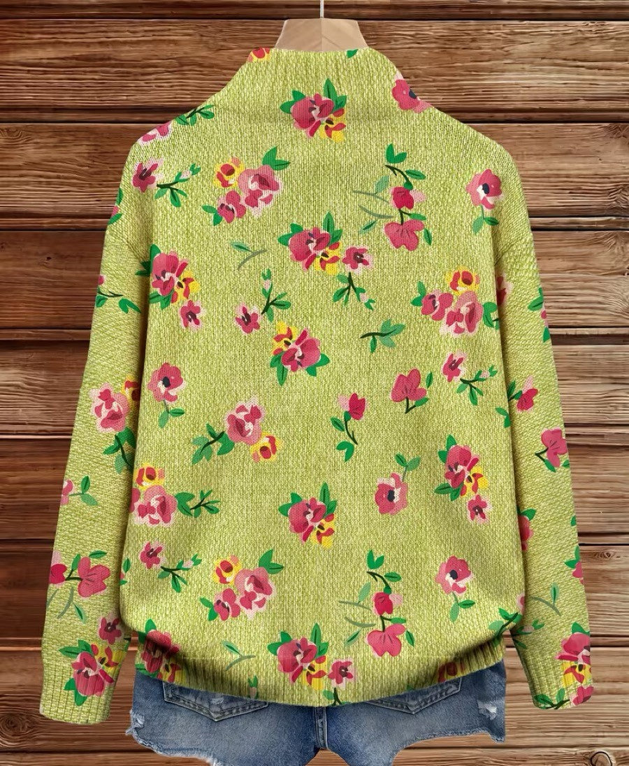 Women's lime green cardigan with small pink blooms