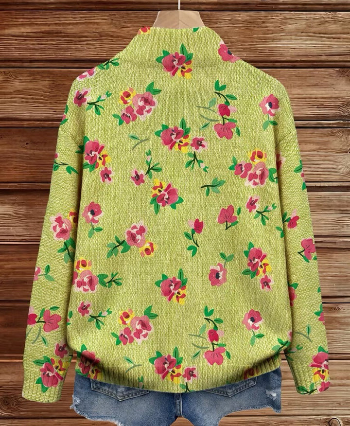 Women's lime green cardigan with small pink blooms
