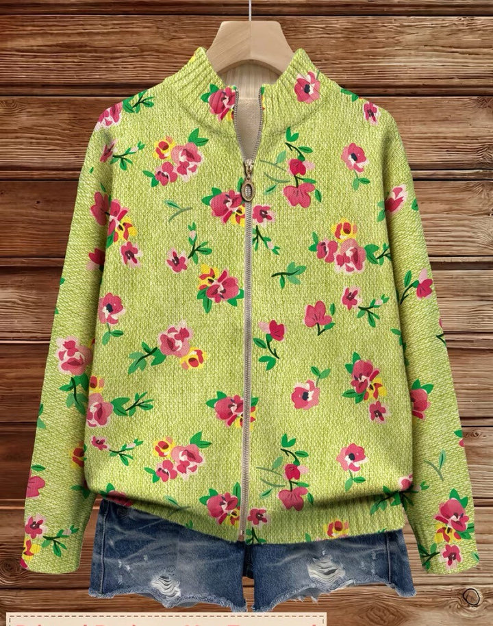 Women's lime green cardigan with small pink blooms