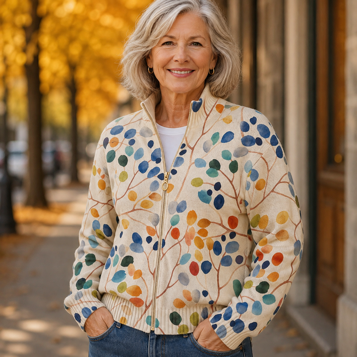 Women's cream cardigan with colourful watercolour leaves