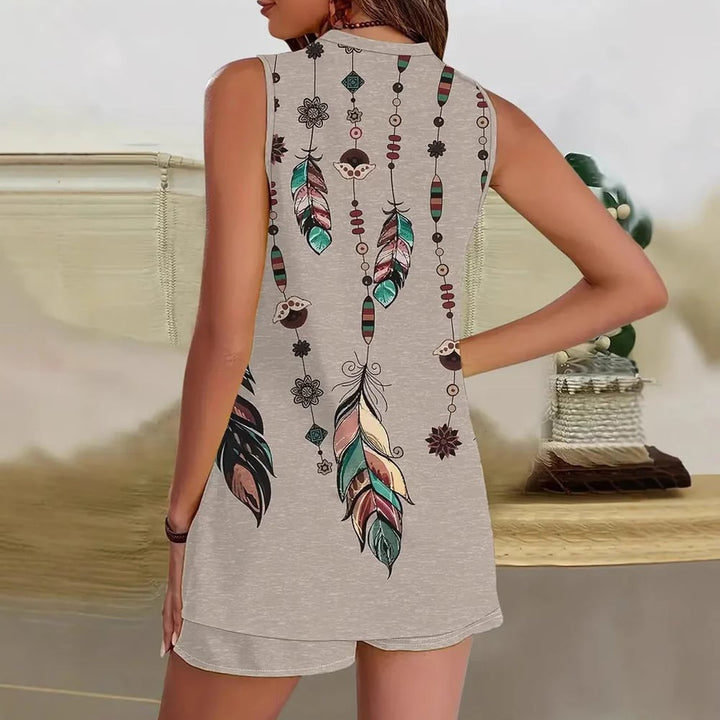 A woman wearing a feather-print tank top with matching elastic-waist shorts