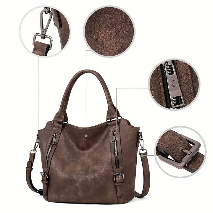 A woman wearing a roomy shoulder bag across her body while out running errands.