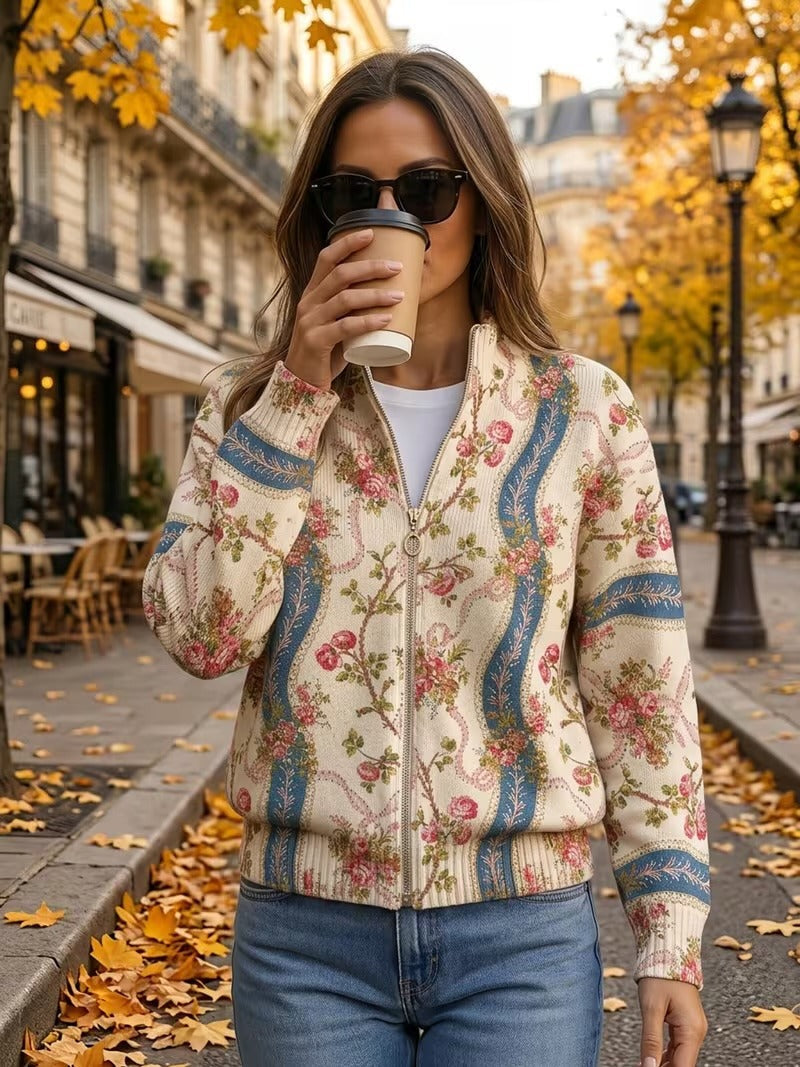 Women's cream cardigan with climbing roses and ribbon borders