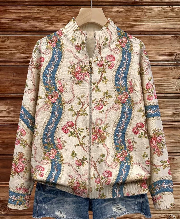 Women's cream cardigan with climbing roses and ribbon borders