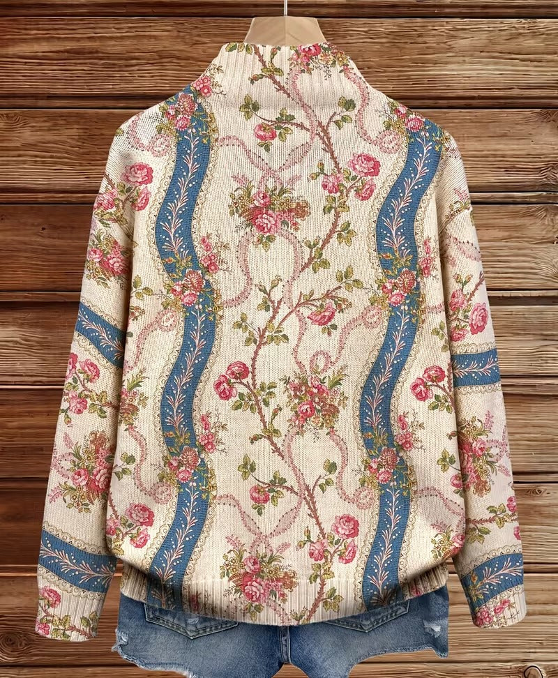 Women's cream cardigan with climbing roses and ribbon borders