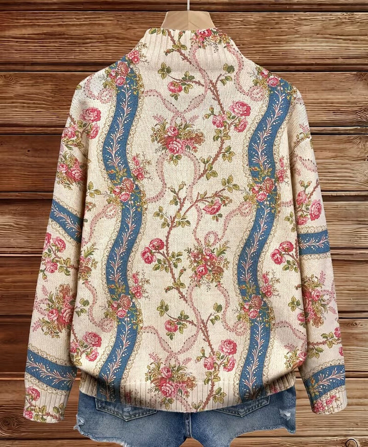 Women's cream cardigan with climbing roses and ribbon borders