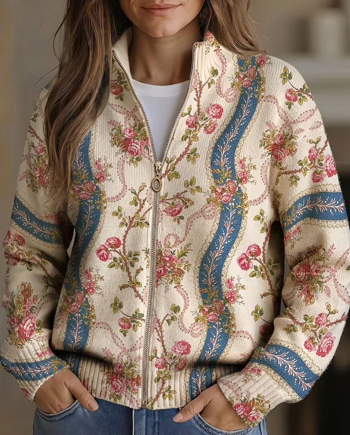 Women's cream cardigan with climbing roses and ribbon borders