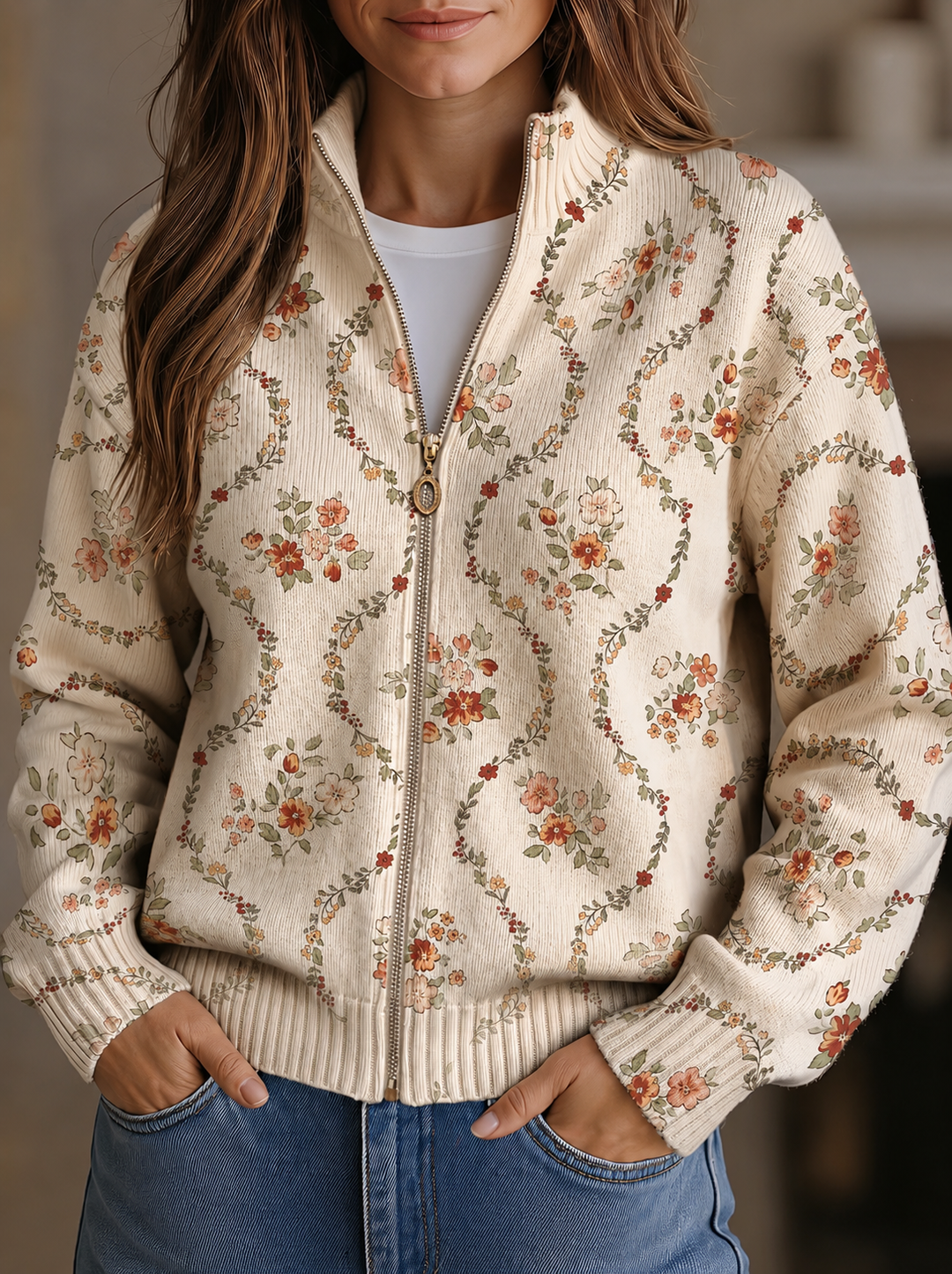 Women's cream cardigan with delicate flowering vines