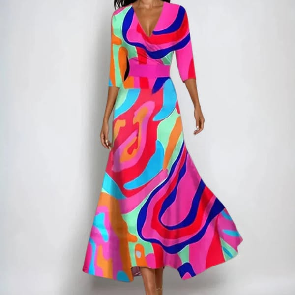 Woman wearing the Donna floral midi dress with wrap neckline and flowing skirt at a celebration.