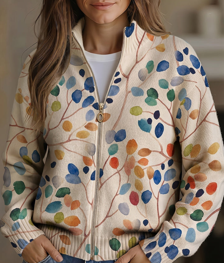 Women's cream cardigan with colourful watercolour leaves