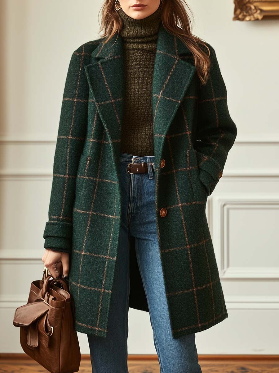 A woman wearing a dark green coat with a rust windowpane check, wide lapels and a button-through front.