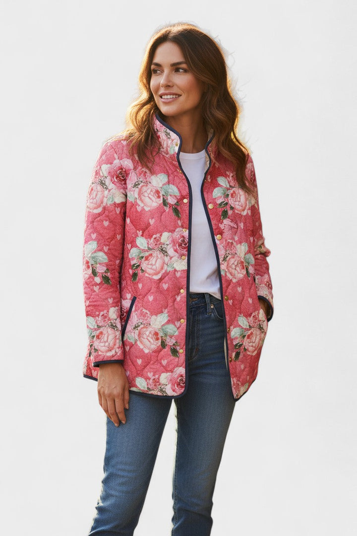 Geneva – Quilted Jacket with Roses in Berry