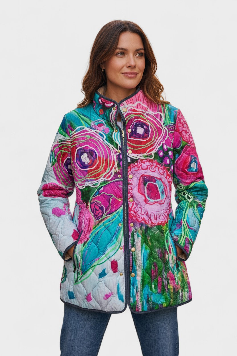 Dena – Quilted Jacket with Blooms in Pink