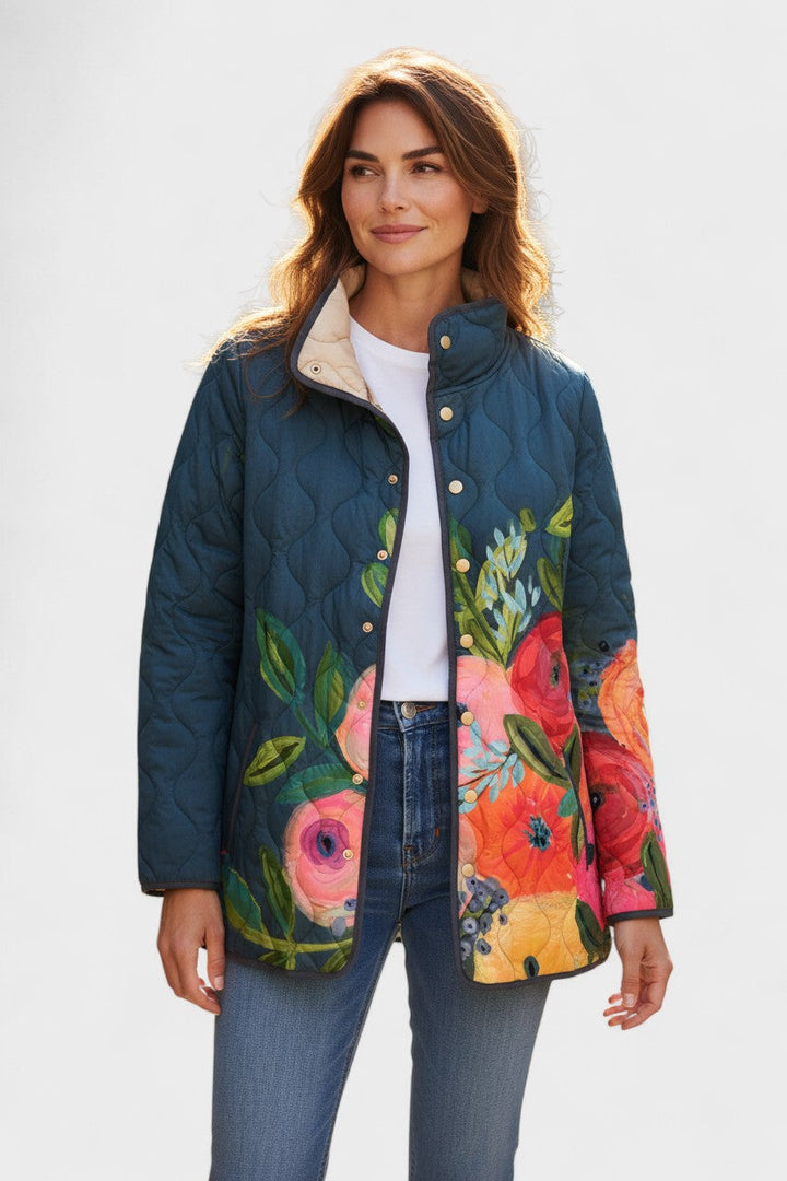 Mattie – Quilted Jacket with Blooms on Navy