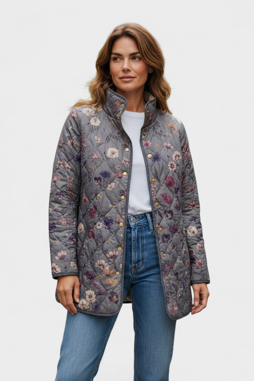 Bridie – Quilted Jacket with Blooms in Grey