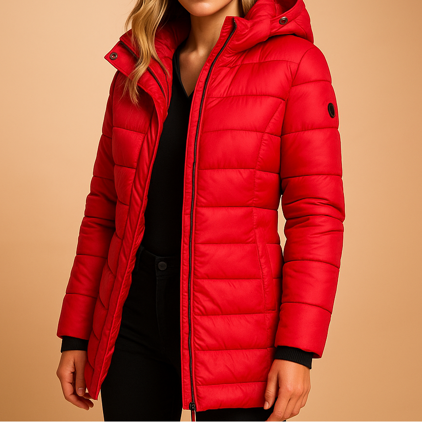 A woman wearing a longline black hooded puffer jacket with zip side pockets