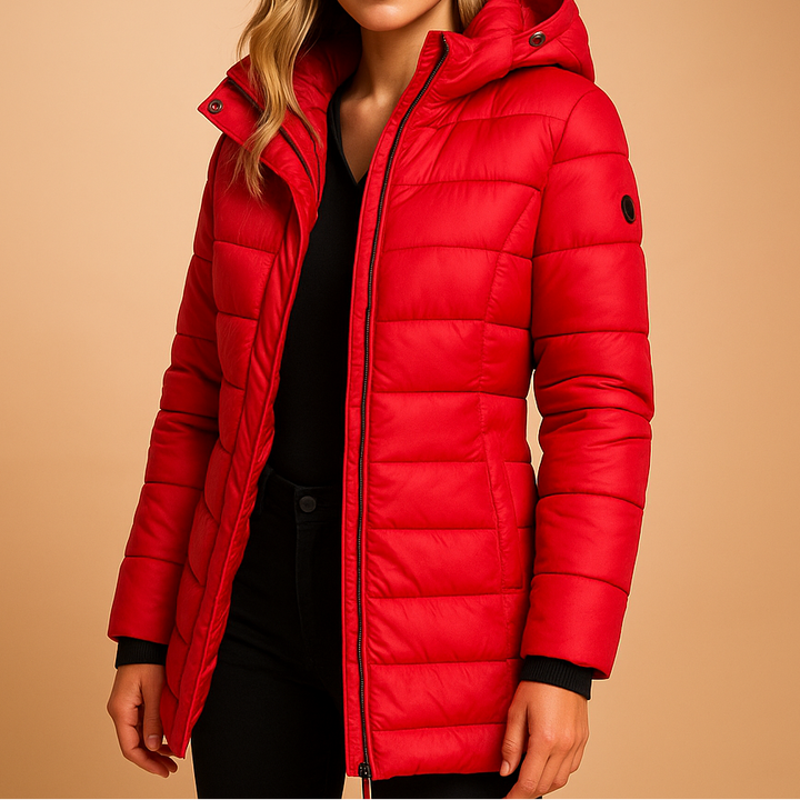 A woman wearing a longline black hooded puffer jacket with zip side pockets