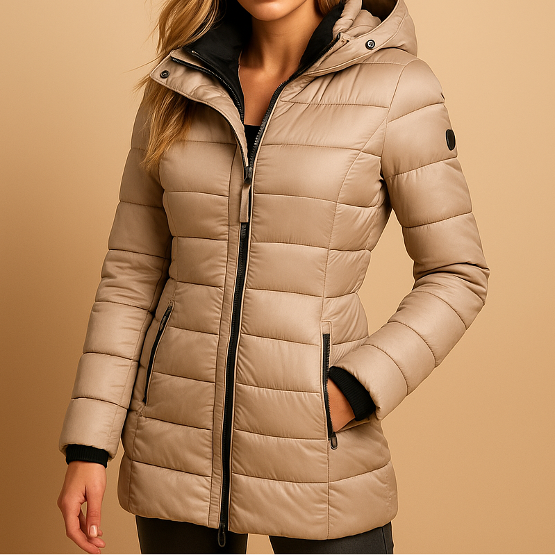 A woman wearing a longline black hooded puffer jacket with zip side pockets