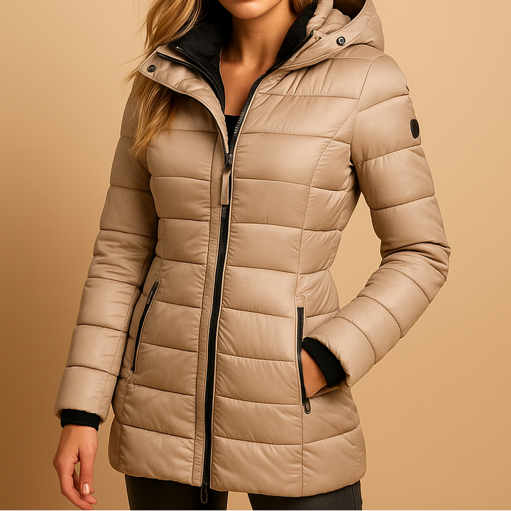 A woman wearing a longline black hooded puffer jacket with zip side pockets