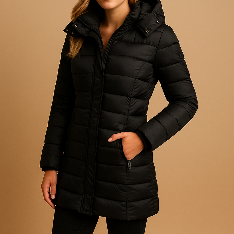 A woman wearing a longline black hooded puffer jacket with zip side pockets