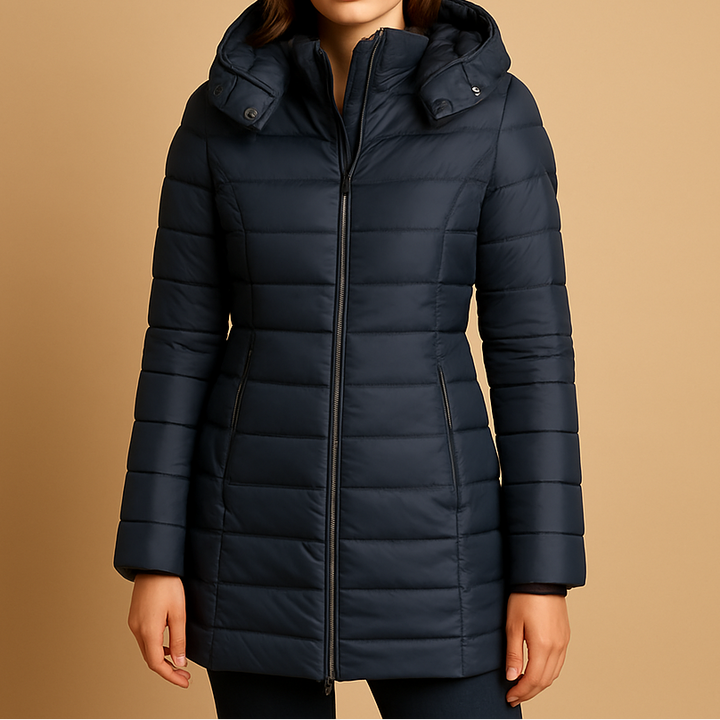 A woman wearing a longline black hooded puffer jacket with zip side pockets