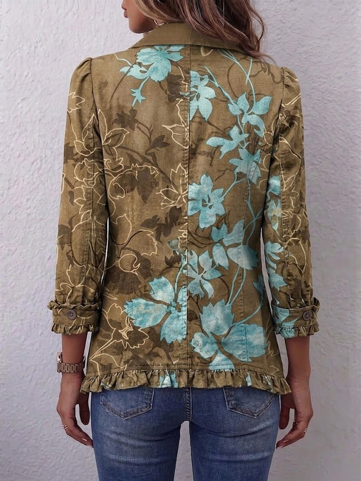 Women's olive blazer with large turquoise blooms