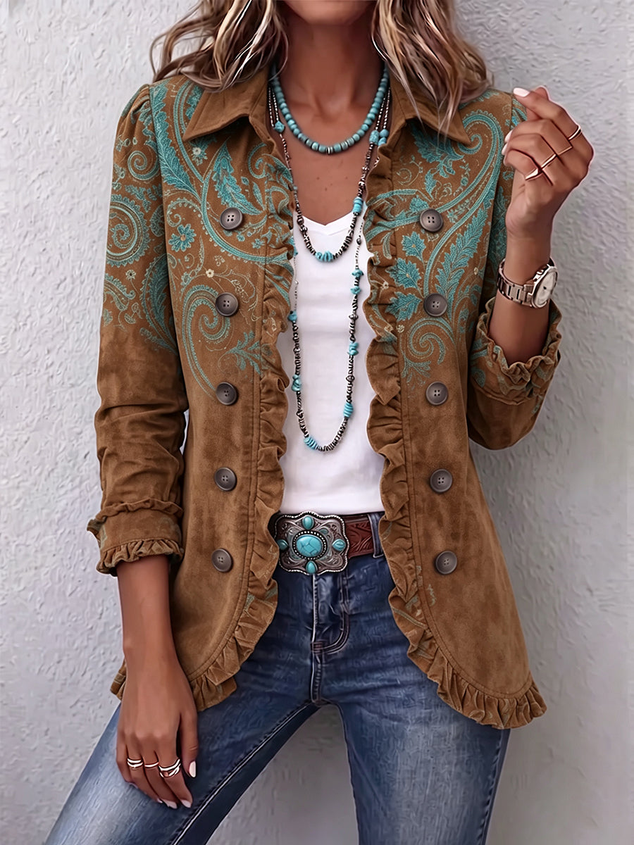 Women's brown blazer with turquoise paisley ornaments