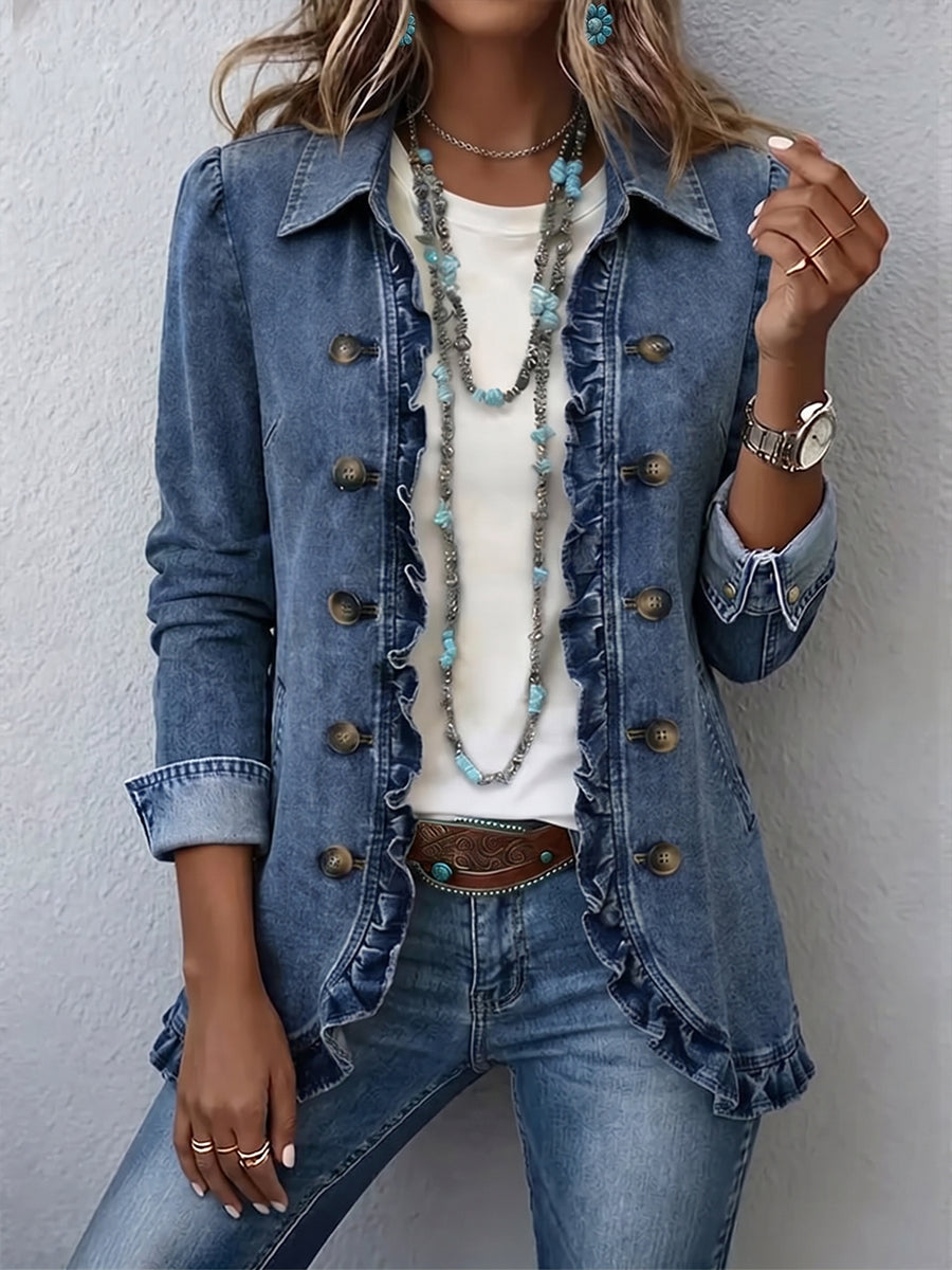 Women's mid blue blazer with ruffled placket and hem