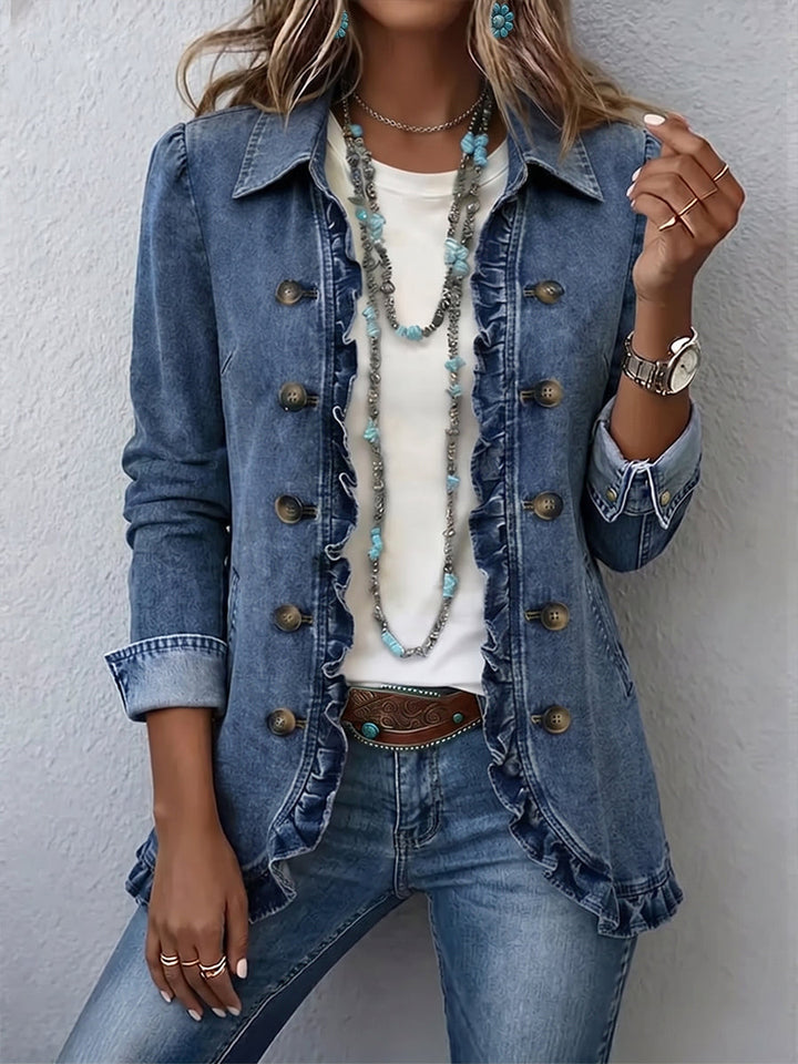 Women's mid blue blazer with ruffled placket and hem