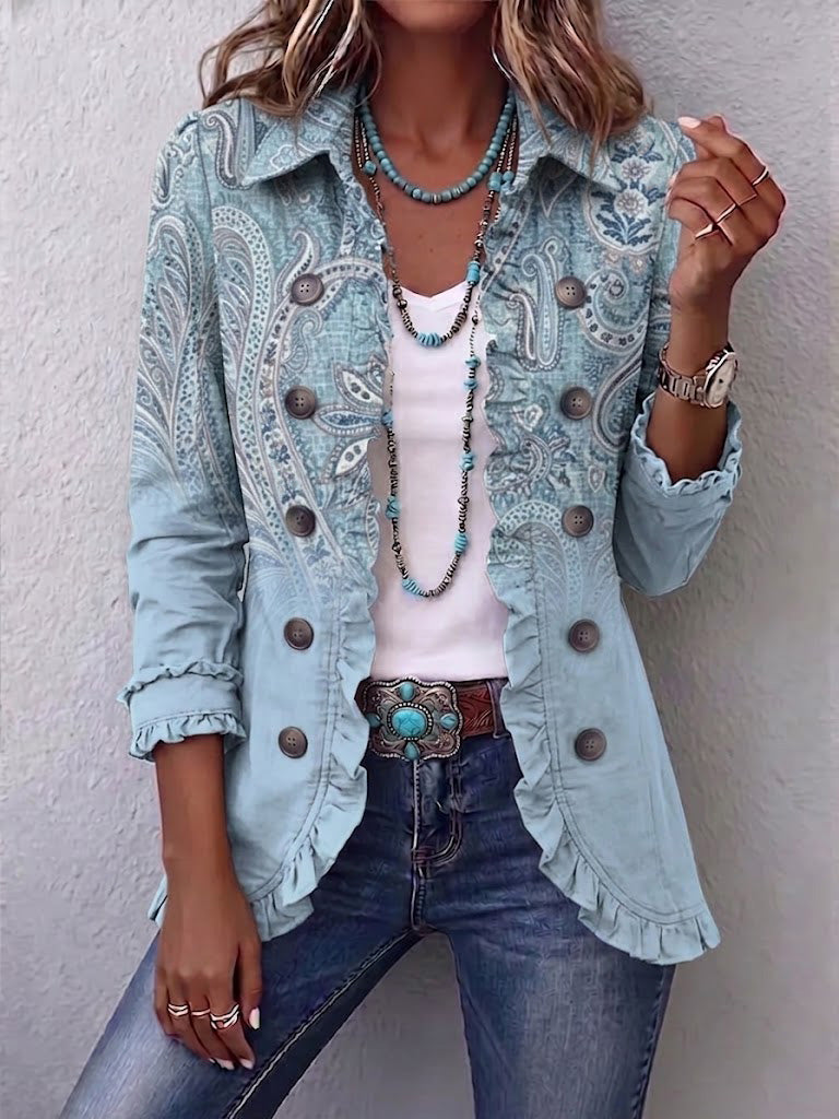 Women's light blue blazer with fine paisley pattern