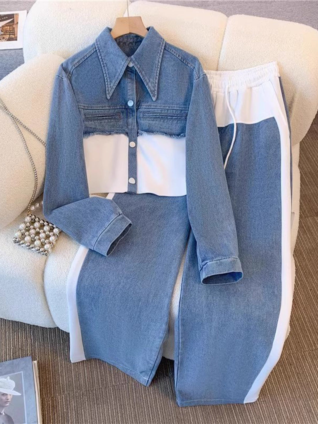 Women's two-piece set with short jacket and wide pants