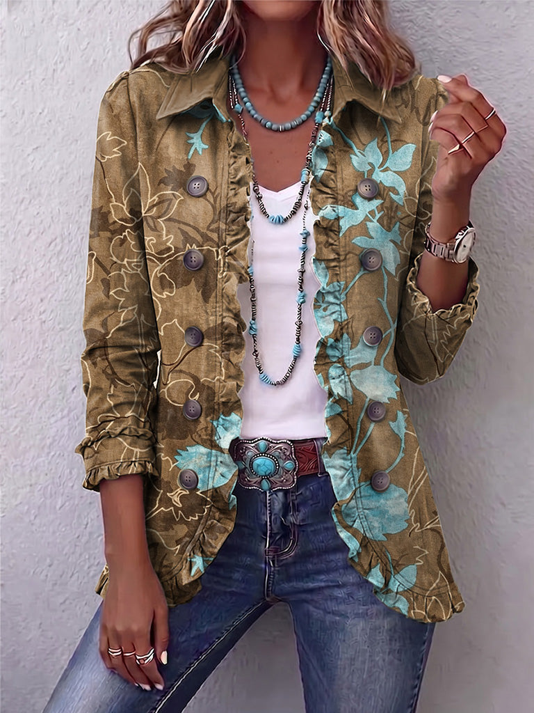 Women's olive blazer with large turquoise blooms