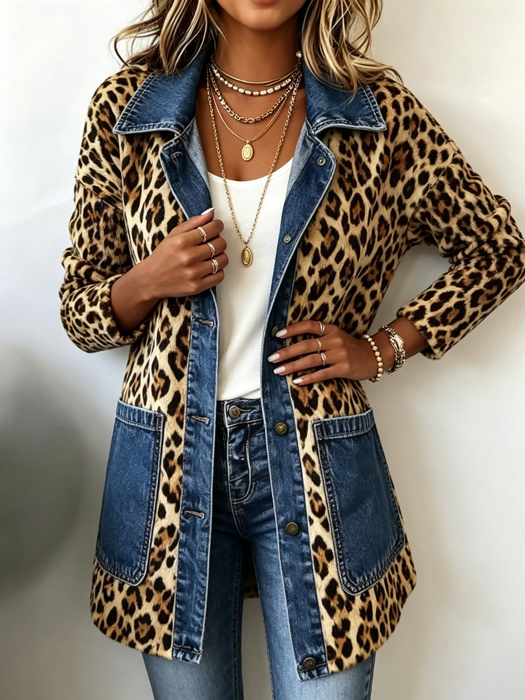 Women's long jacket in leopard print with light blue panels