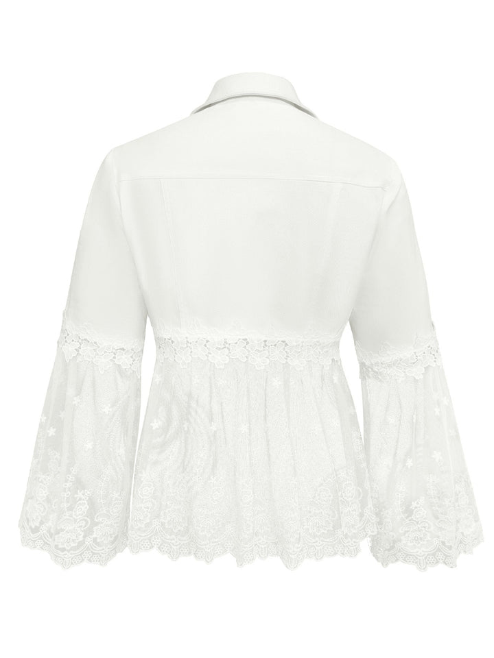 Women's short white jacket with openwork flounce
