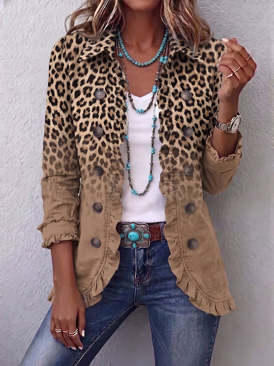 Women's blazer with leopard print fading into caramel