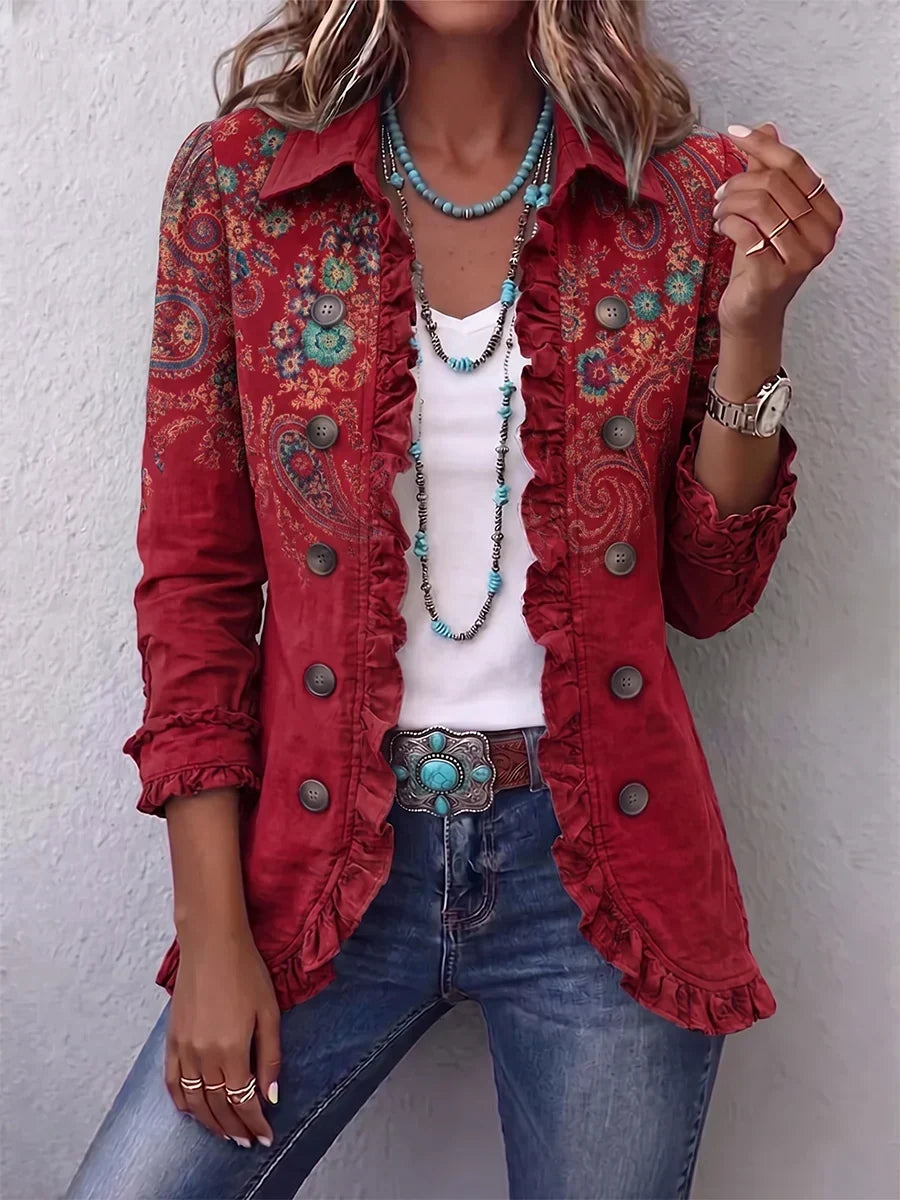 Women's red blazer with tone-on-tone paisley pattern