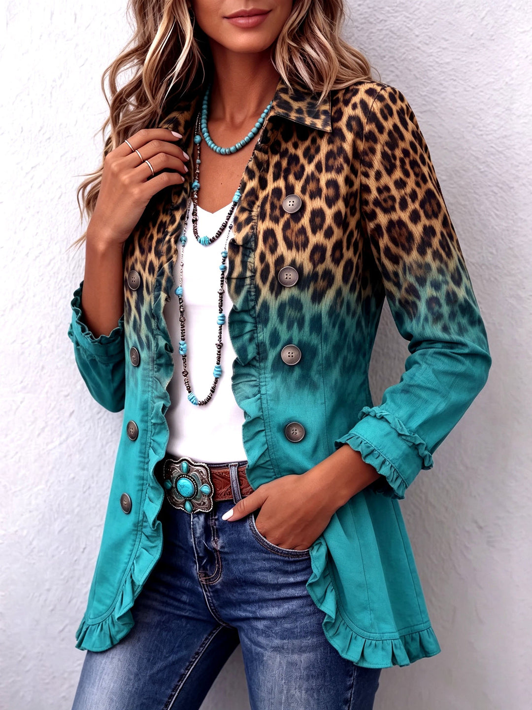 Women's blazer with leopard print fading into solid colour