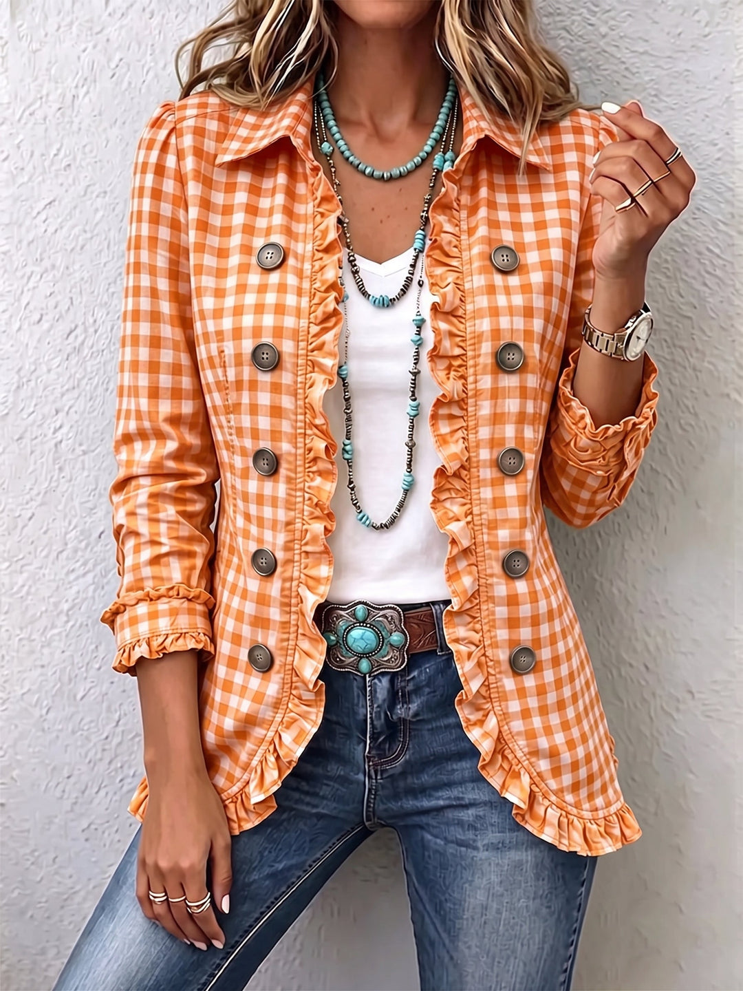 Women's blazer in small gingham check with ruffled hem