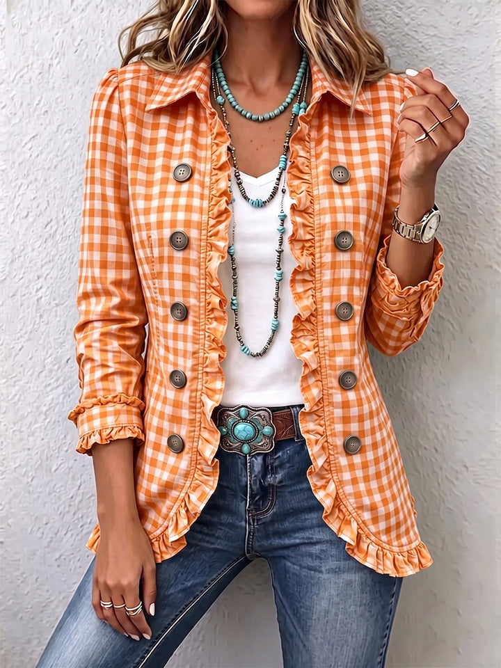 Women's blazer in small gingham check with ruffled hem