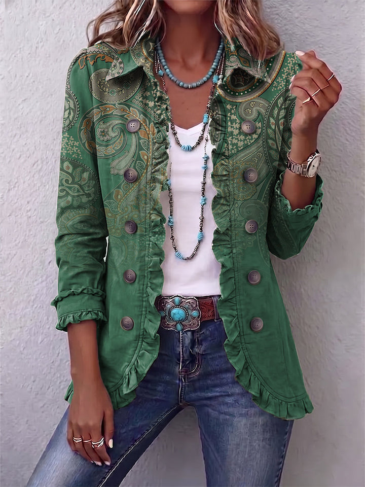 Women's green blazer with gold paisley ornaments
