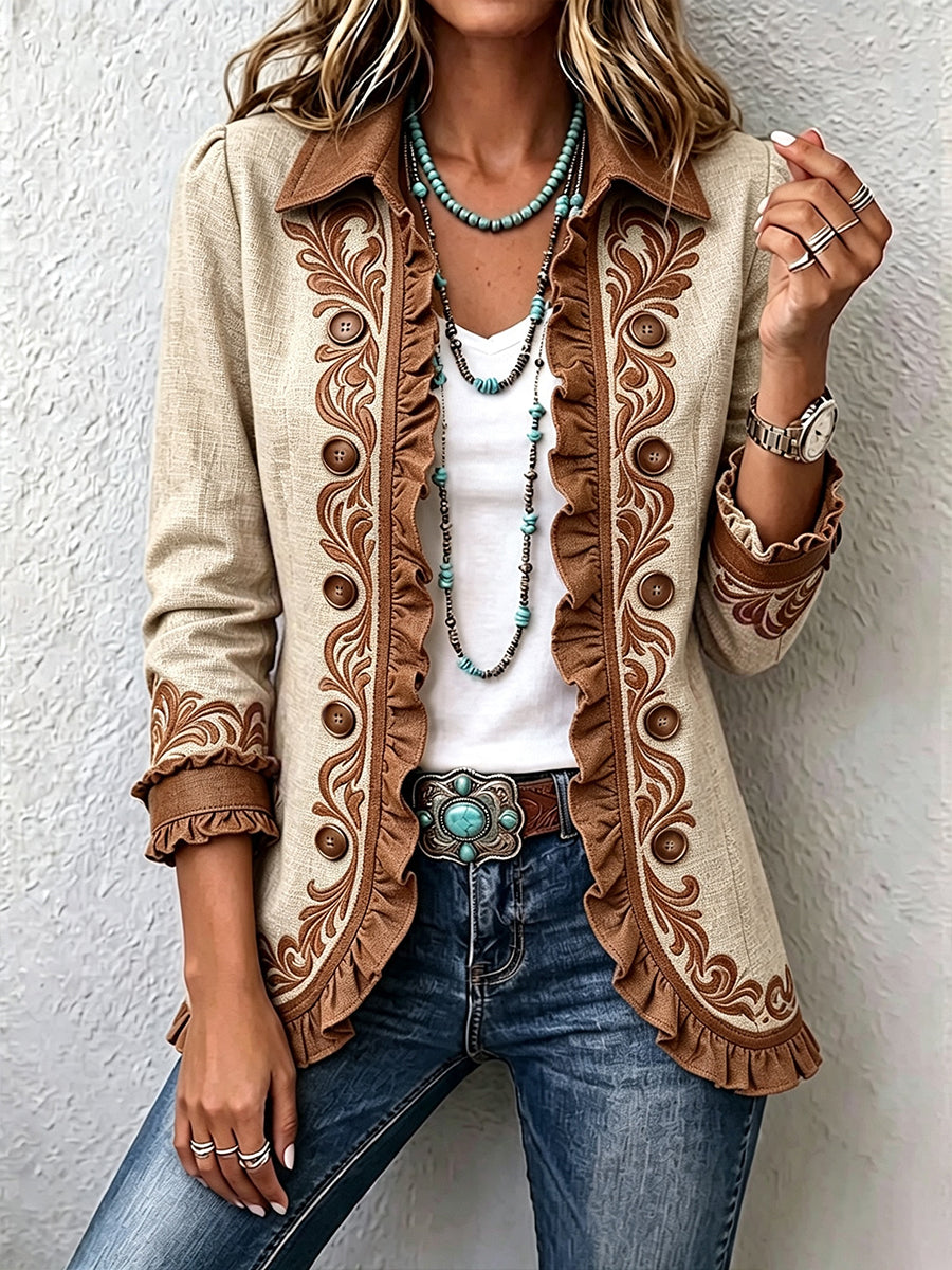 Women's cream blazer with brown ornament border