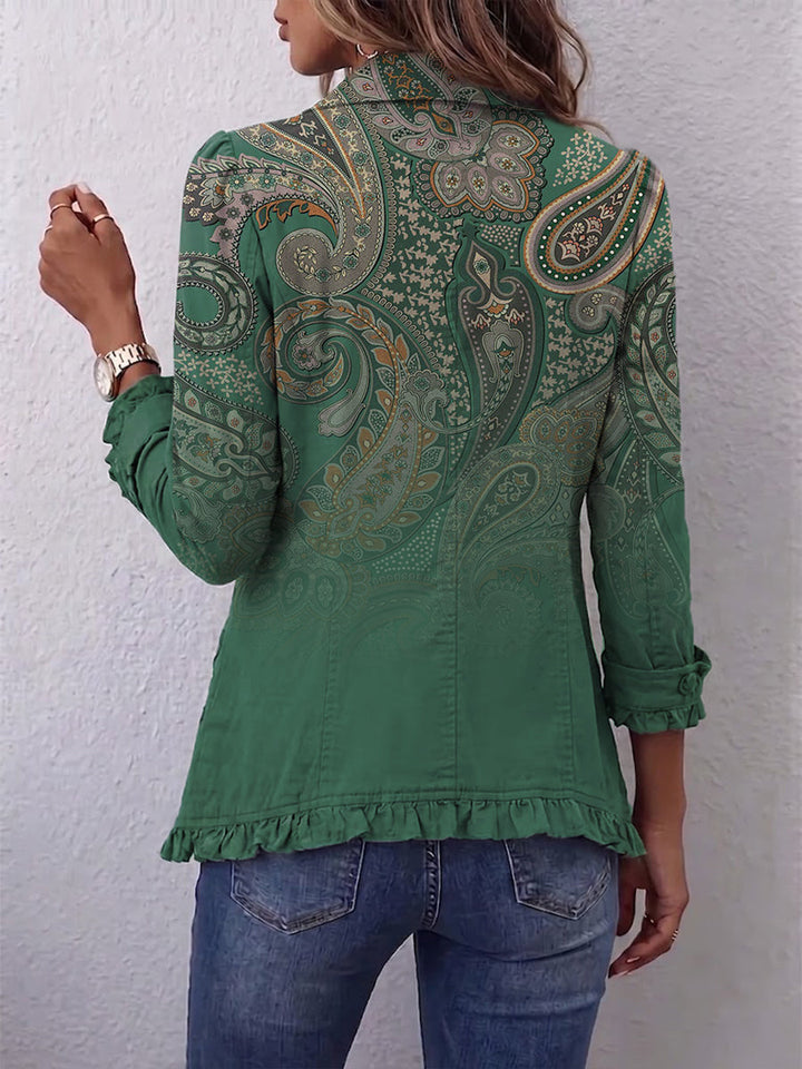 Women's green blazer with gold paisley ornaments
