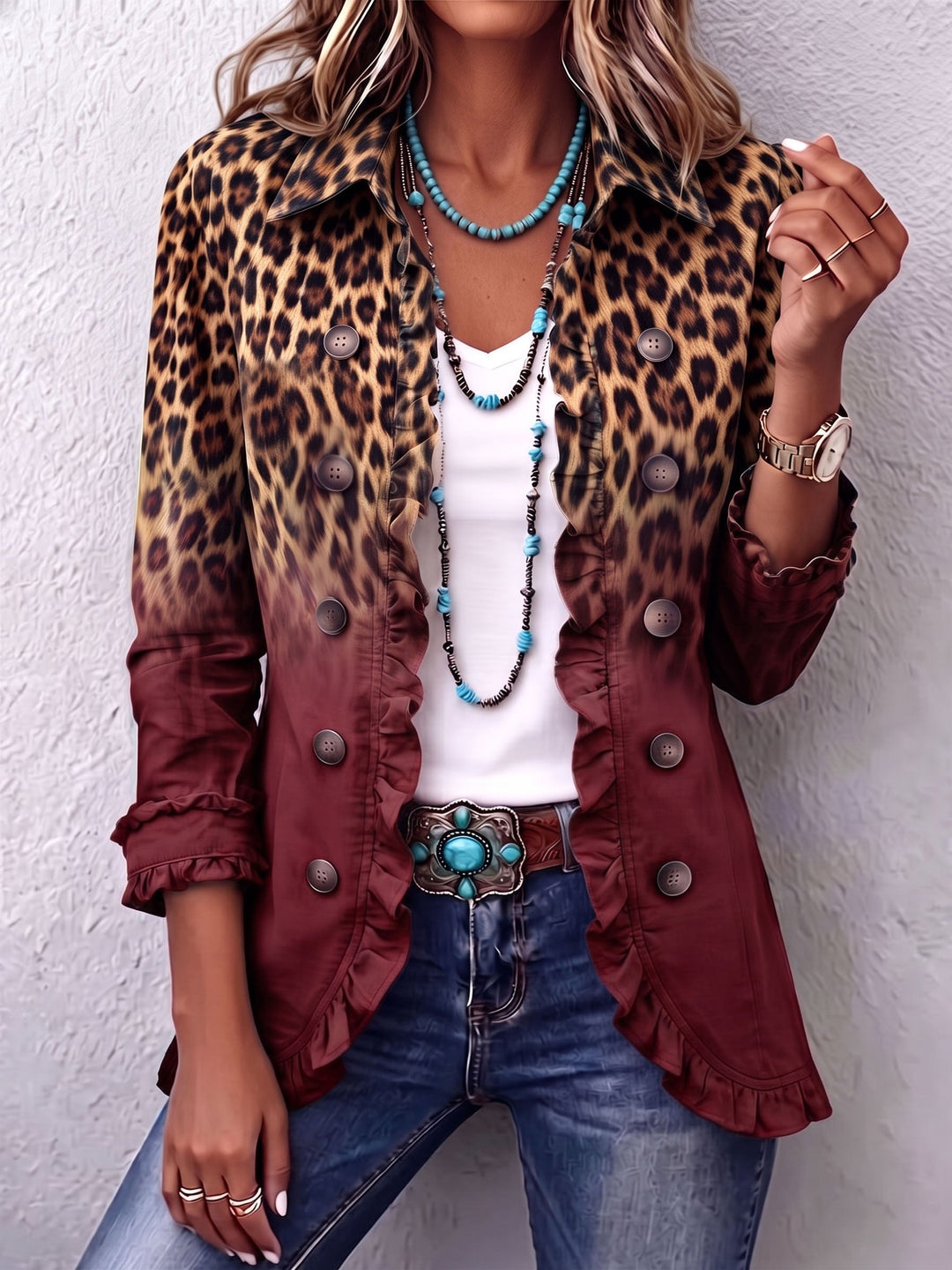 Women's blazer with leopard print fading into solid colour