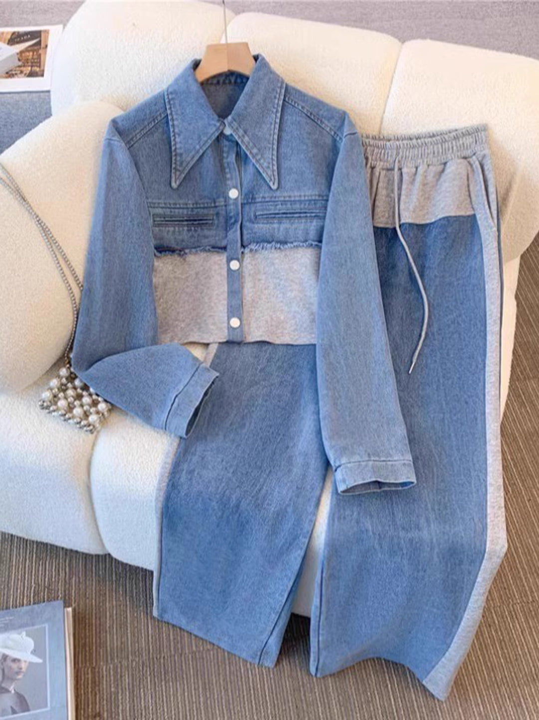 Women's two-piece set with short jacket and wide pants