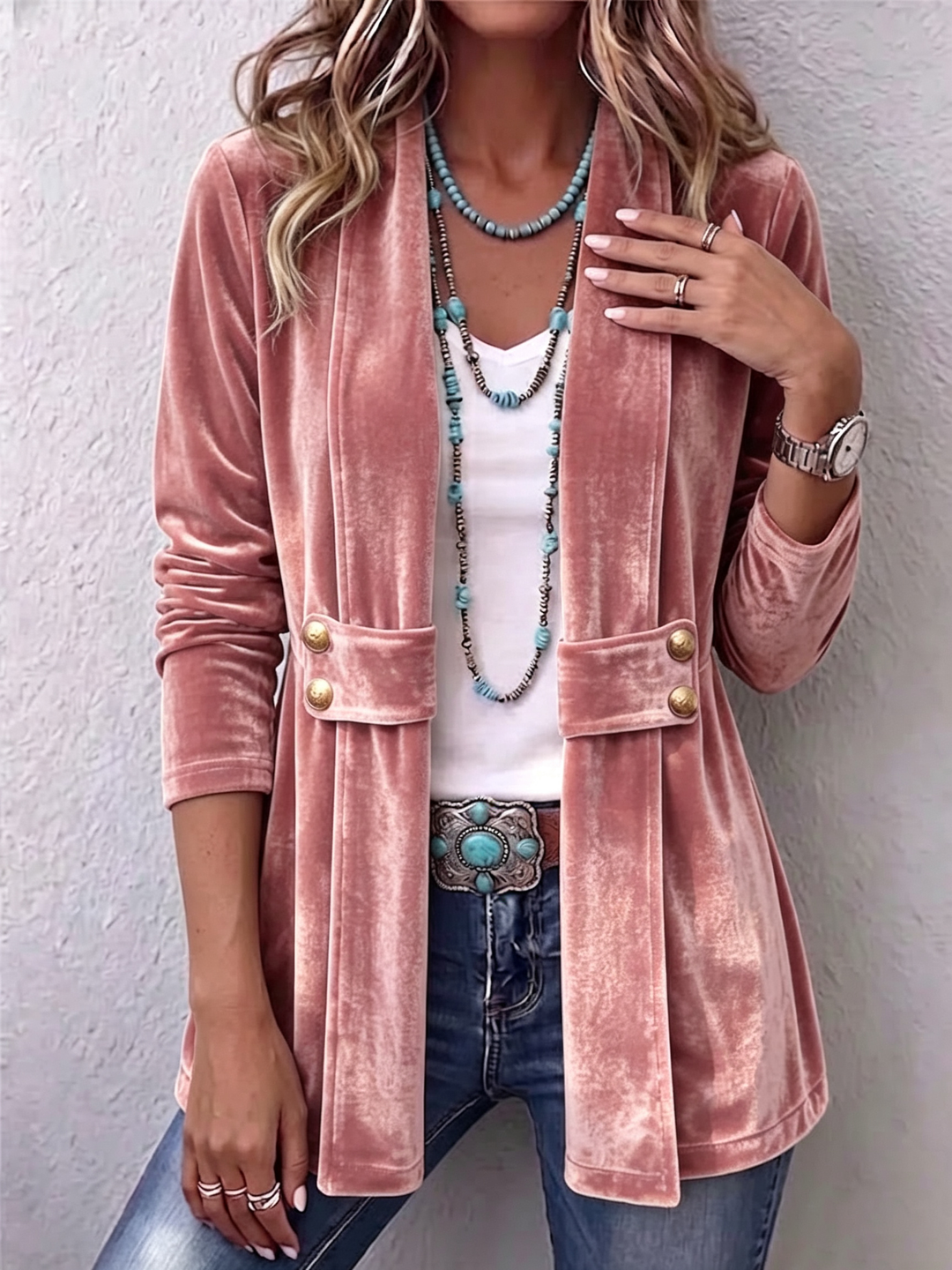 Women's open blazer with soft shimmering surface