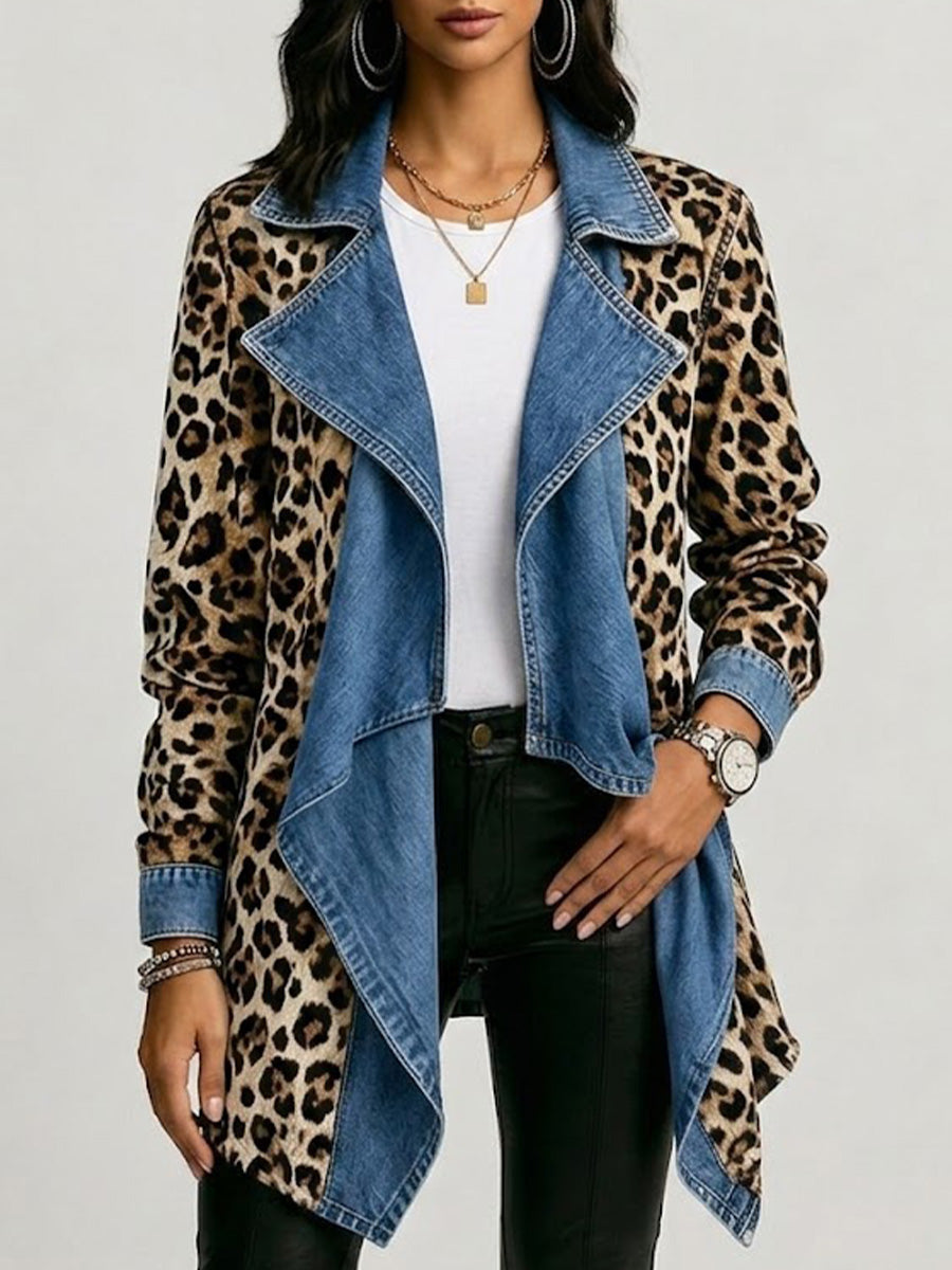 Women's waterfall jacket in leopard print with light blue panels