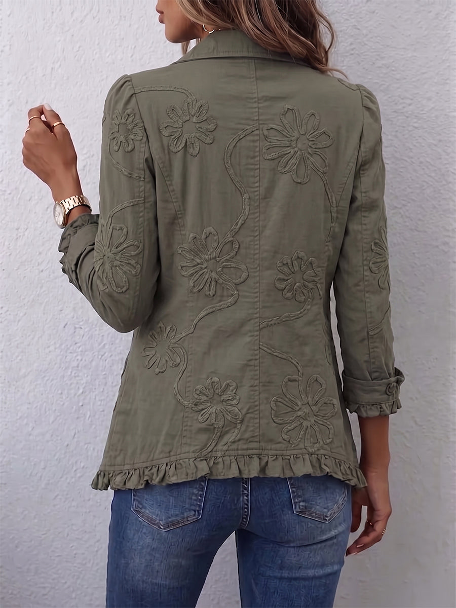 Women's olive green blazer with embroidered blooms and ruffled hem