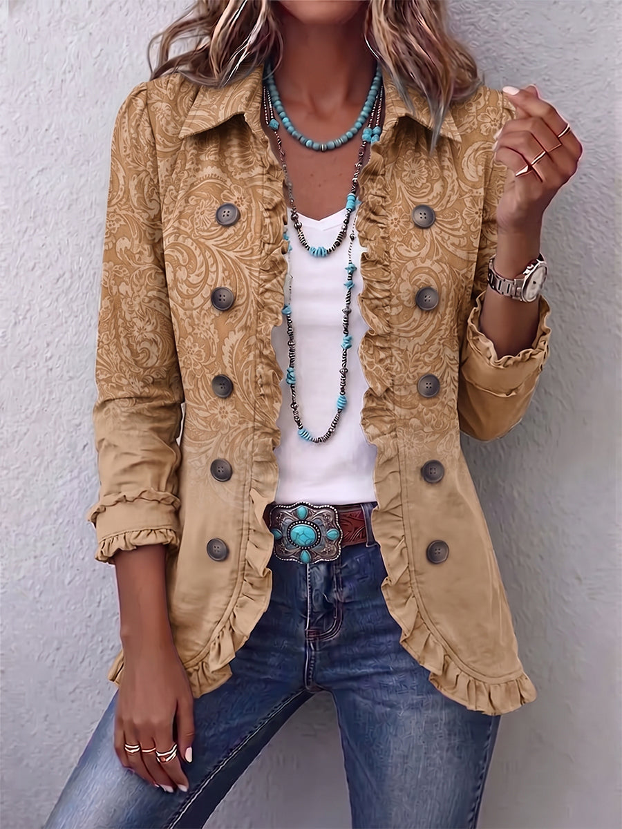 Women's khaki blazer with fine pattern and ruffled hem