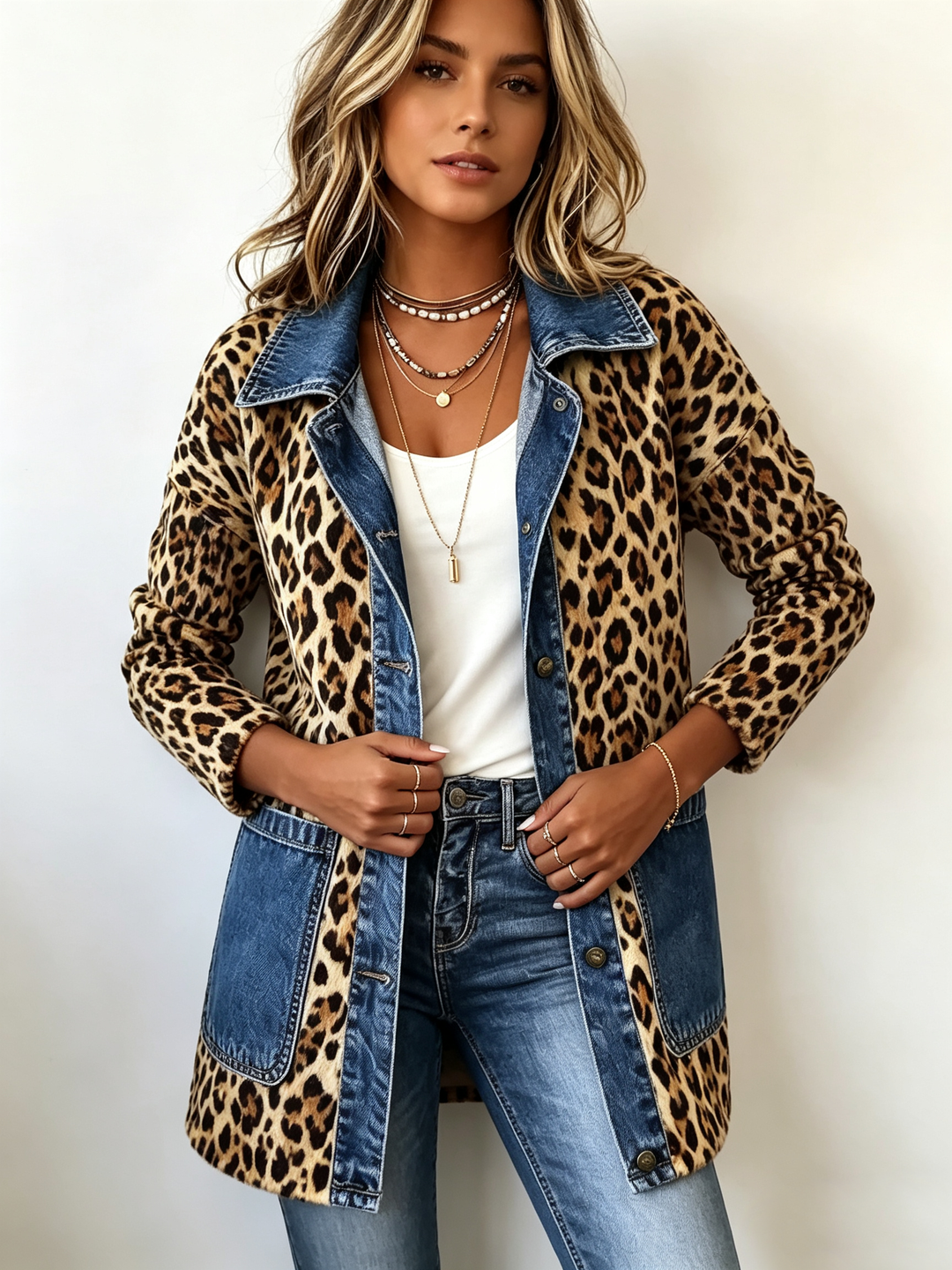 Women's long jacket in leopard print with light blue panels